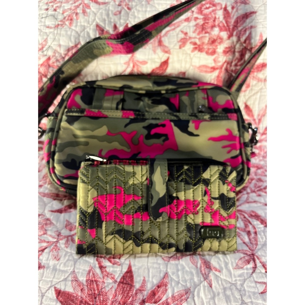 Lug Crossbody Bag and Wallet Set Pink Olive Green Camo Quilted Nylon Travel